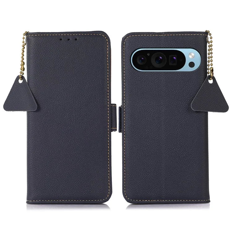 TJ For Google Pixel 9 / Pixel 9 Pro Case RFID Blocking Genuine Cow Leather Flip Phone Cover