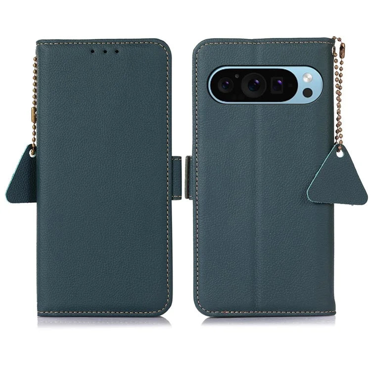 TJ For Google Pixel 9 / Pixel 9 Pro Case RFID Blocking Genuine Cow Leather Flip Phone Cover