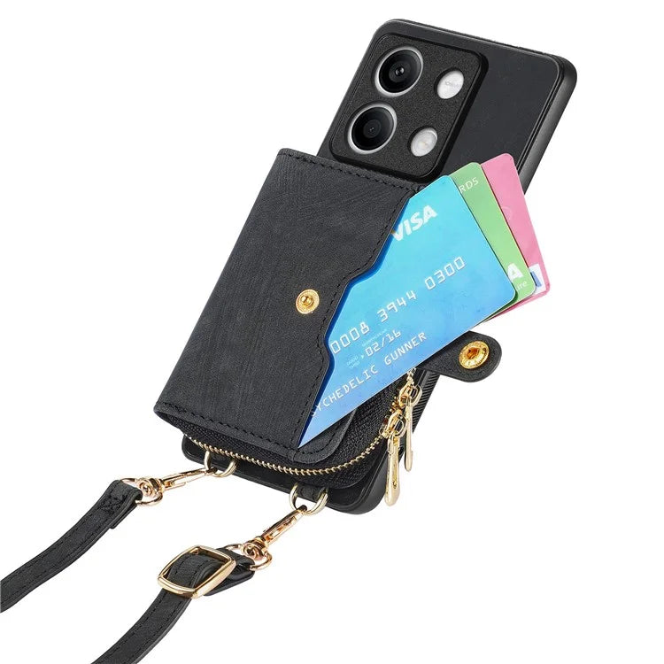 D3 For Xiaomi Redmi Note 13 4G Case Zipper Wallet Leather+TPU+PC Phone Cover with Crossbody Strap