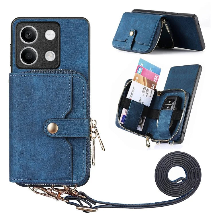 D3 For Xiaomi Redmi Note 13 4G Case Zipper Wallet Leather+TPU+PC Phone Cover with Crossbody Strap
