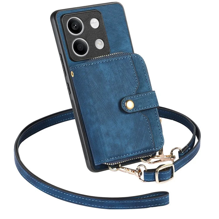 D3 For Xiaomi Redmi Note 13 4G Case Zipper Wallet Leather+TPU+PC Phone Cover with Crossbody Strap