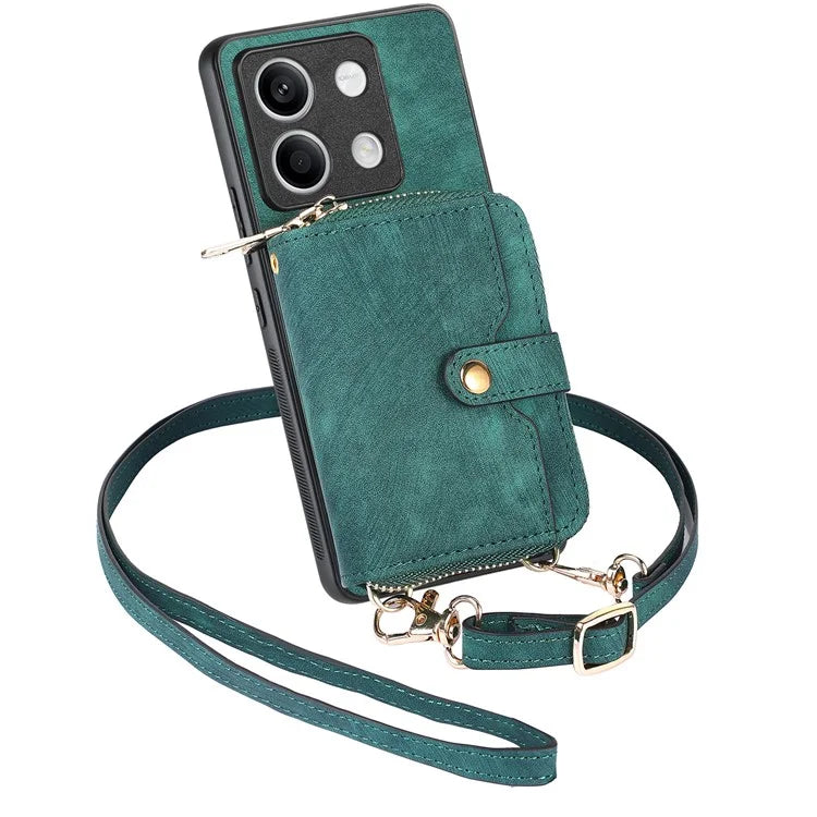 D3 For Xiaomi Redmi Note 13 4G Case Zipper Wallet Leather+TPU+PC Phone Cover with Crossbody Strap