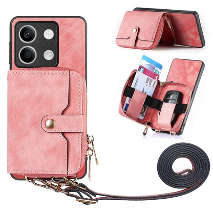 D3 For Xiaomi Redmi Note 13 4G Case Zipper Wallet Leather+TPU+PC Phone Cover with Crossbody Strap
