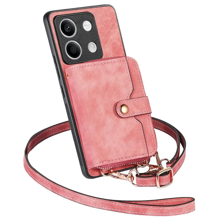 D3 For Xiaomi Redmi Note 13 4G Case Zipper Wallet Leather+TPU+PC Phone Cover with Crossbody Strap