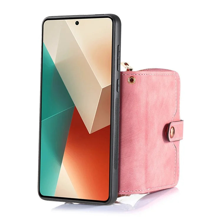 D3 For Xiaomi Redmi Note 13 4G Case Zipper Wallet Leather+TPU+PC Phone Cover with Crossbody Strap