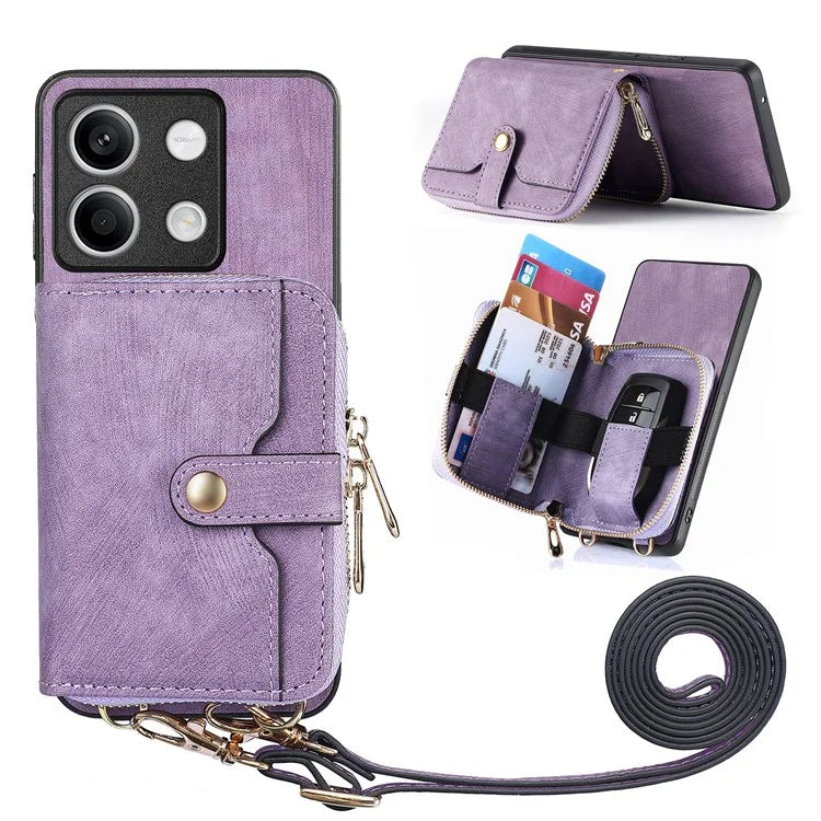 D3 For Xiaomi Redmi Note 13 4G Case Zipper Wallet Leather+TPU+PC Phone Cover with Crossbody Strap