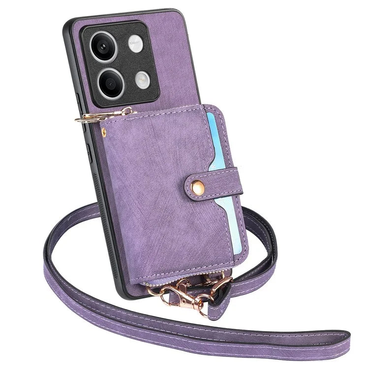 D3 For Xiaomi Redmi Note 13 4G Case Zipper Wallet Leather+TPU+PC Phone Cover with Crossbody Strap