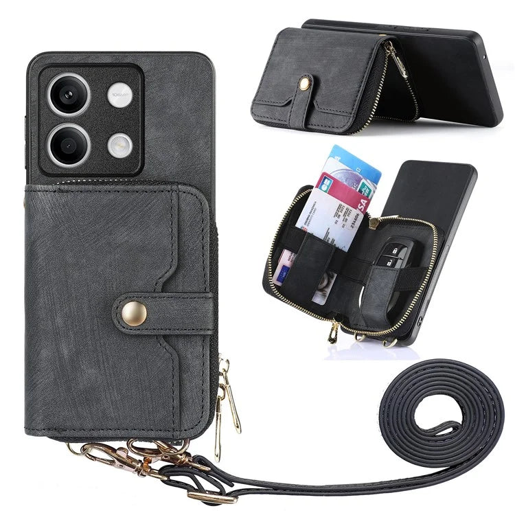 D3 for Xiaomi Redmi Note 13 5G Case Retro Leather Zipper Pocket Back Cover with Lanyard