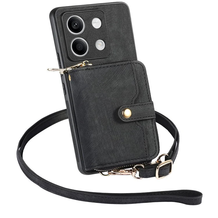 D3 for Xiaomi Redmi Note 13 5G Case Retro Leather Zipper Pocket Back Cover with Lanyard