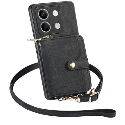 D3 for Xiaomi Redmi Note 13 5G Case Retro Leather Zipper Pocket Back Cover with Lanyard