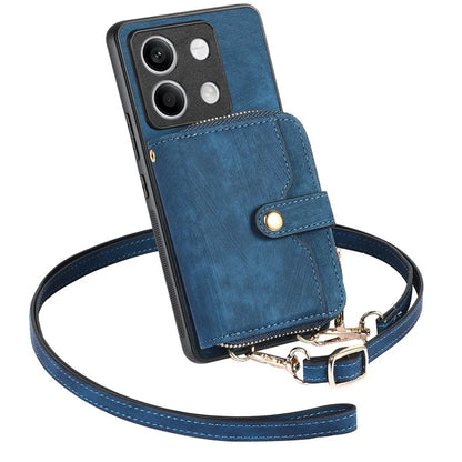 D3 for Xiaomi Redmi Note 13 5G Case Retro Leather Zipper Pocket Back Cover with Lanyard