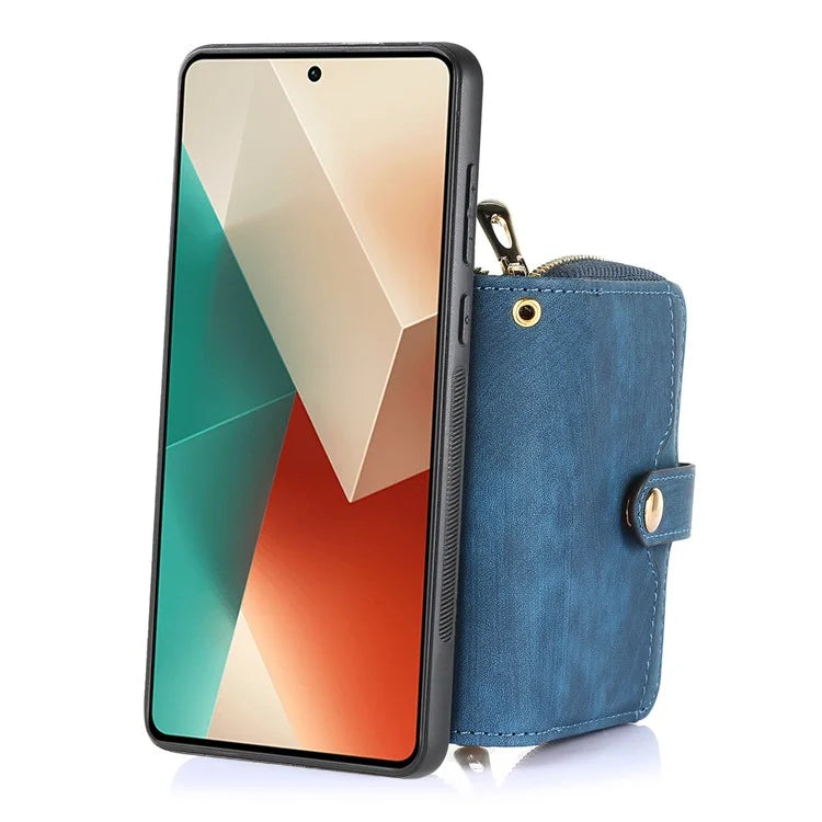 D3 for Xiaomi Redmi Note 13 5G Case Retro Leather Zipper Pocket Back Cover with Lanyard