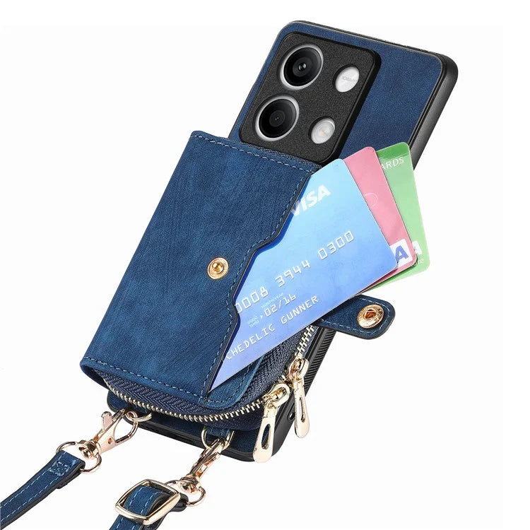 D3 for Xiaomi Redmi Note 13 5G Case Retro Leather Zipper Pocket Back Cover with Lanyard