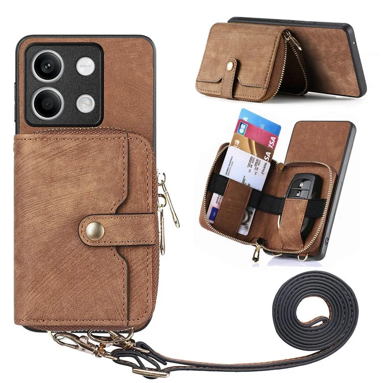 D3 for Xiaomi Redmi Note 13 5G Case Retro Leather Zipper Pocket Back Cover with Lanyard