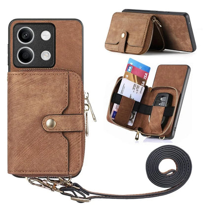 D3 for Xiaomi Redmi Note 13 5G Case Retro Leather Zipper Pocket Back Cover with Lanyard