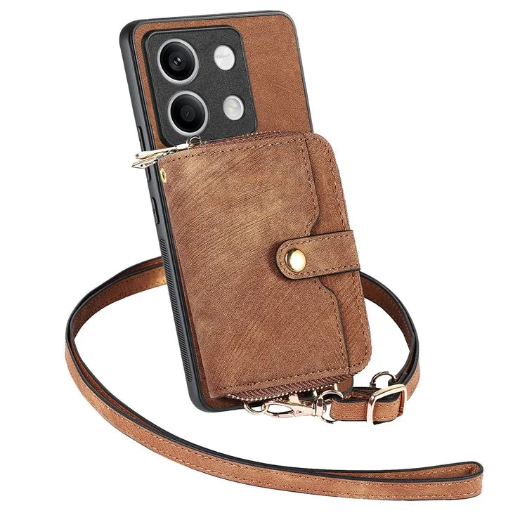 D3 for Xiaomi Redmi Note 13 5G Case Retro Leather Zipper Pocket Back Cover with Lanyard