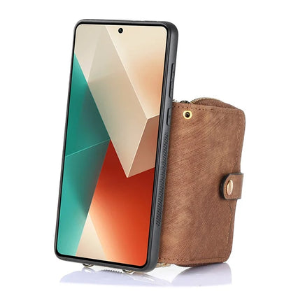 D3 for Xiaomi Redmi Note 13 5G Case Retro Leather Zipper Pocket Back Cover with Lanyard