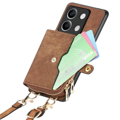 D3 for Xiaomi Redmi Note 13 5G Case Retro Leather Zipper Pocket Back Cover with Lanyard