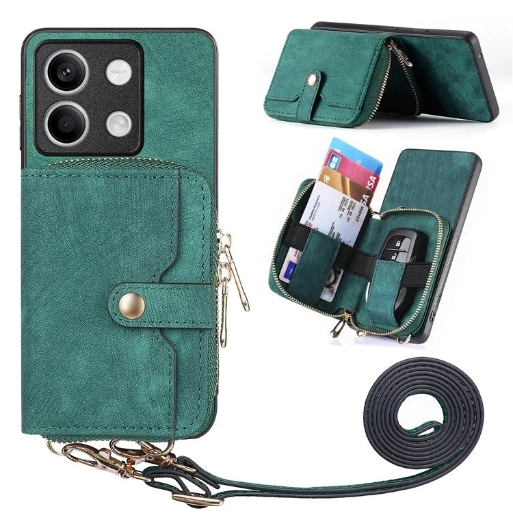 D3 for Xiaomi Redmi Note 13 5G Case Retro Leather Zipper Pocket Back Cover with Lanyard