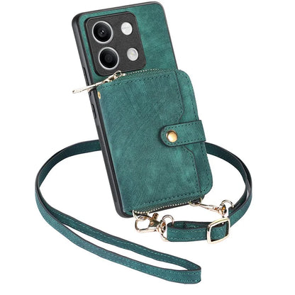 D3 for Xiaomi Redmi Note 13 5G Case Retro Leather Zipper Pocket Back Cover with Lanyard
