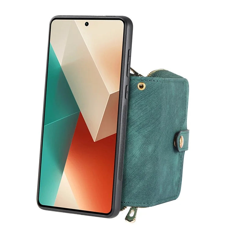 D3 for Xiaomi Redmi Note 13 5G Case Retro Leather Zipper Pocket Back Cover with Lanyard
