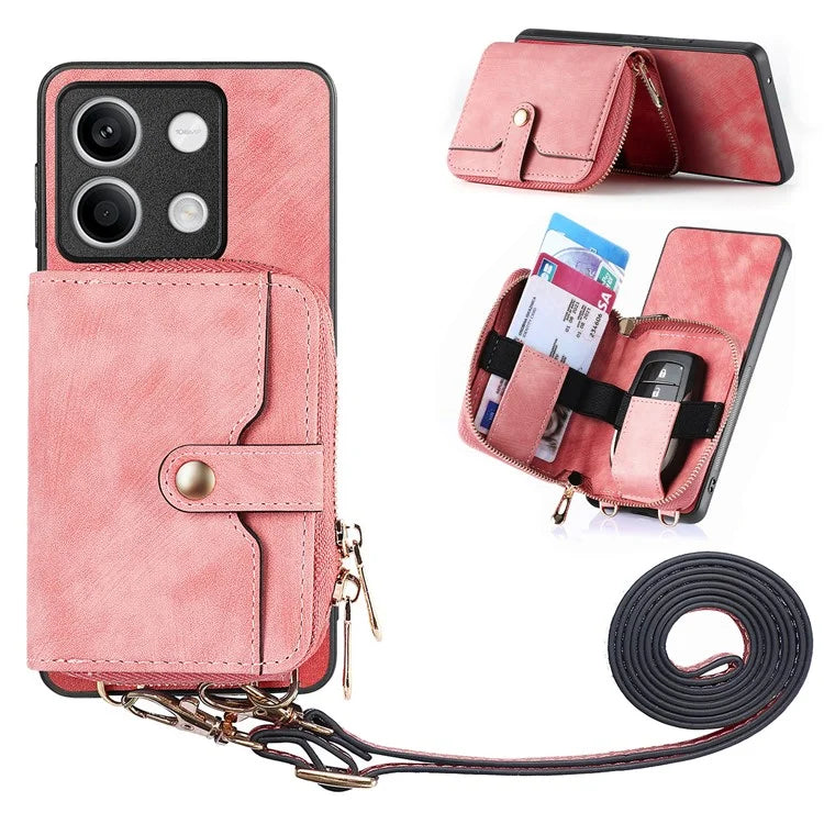 D3 for Xiaomi Redmi Note 13 5G Case Retro Leather Zipper Pocket Back Cover with Lanyard