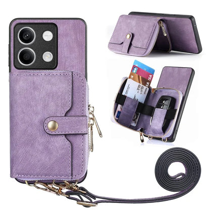 D3 for Xiaomi Redmi Note 13 5G Case Retro Leather Zipper Pocket Back Cover with Lanyard