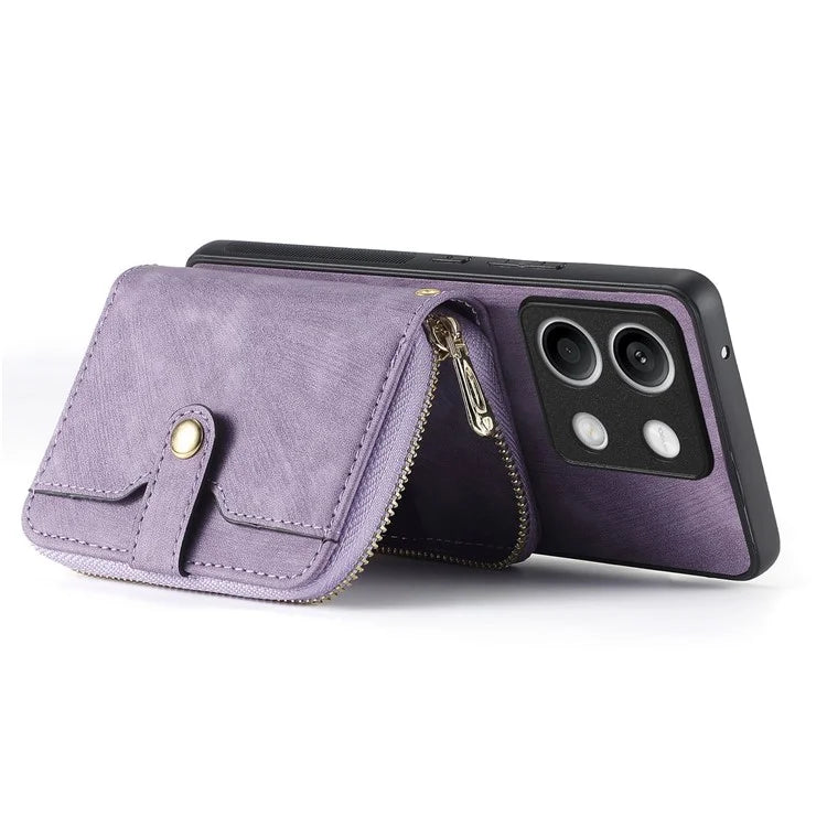 D3 for Xiaomi Redmi Note 13 5G Case Retro Leather Zipper Pocket Back Cover with Lanyard