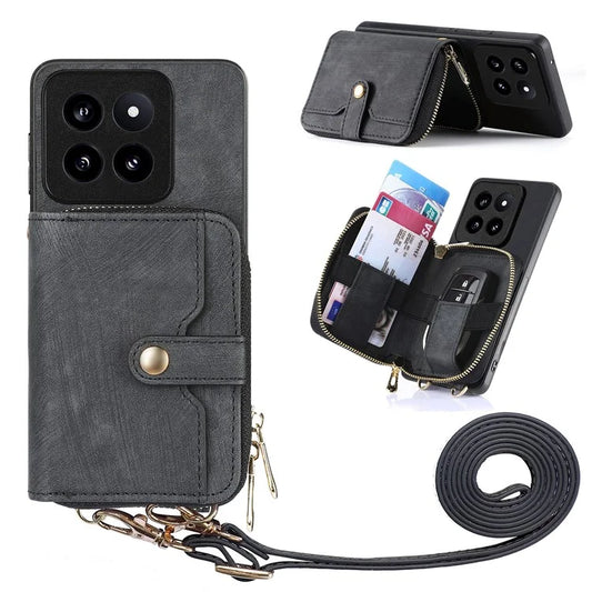 D3 for Xiaomi 14 Pro Case Wallet Kickstand Retro Leather+TPU+PC Phone Cover with Lanyard
