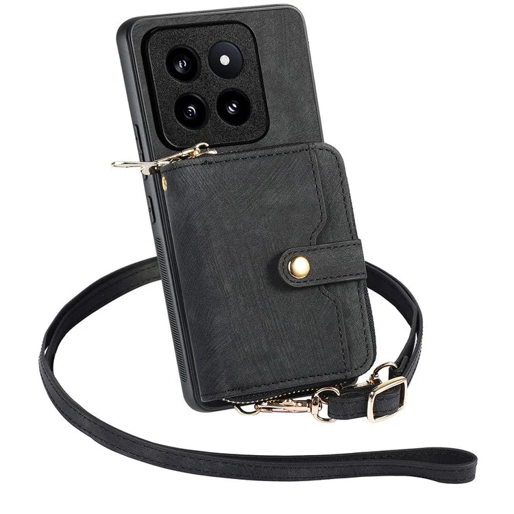 D3 for Xiaomi 14 Pro Case Wallet Kickstand Retro Leather+TPU+PC Phone Cover with Lanyard