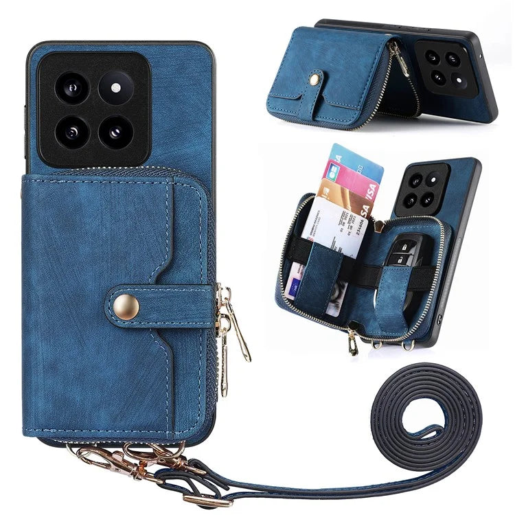 D3 for Xiaomi 14 Pro Case Wallet Kickstand Retro Leather+TPU+PC Phone Cover with Lanyard
