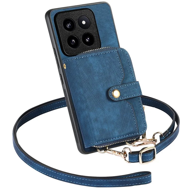 D3 for Xiaomi 14 Pro Case Wallet Kickstand Retro Leather+TPU+PC Phone Cover with Lanyard
