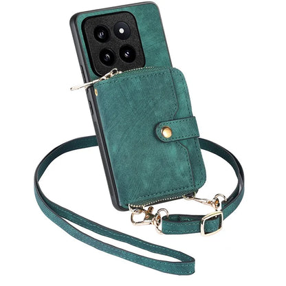 D3 for Xiaomi 14 Pro Case Wallet Kickstand Retro Leather+TPU+PC Phone Cover with Lanyard