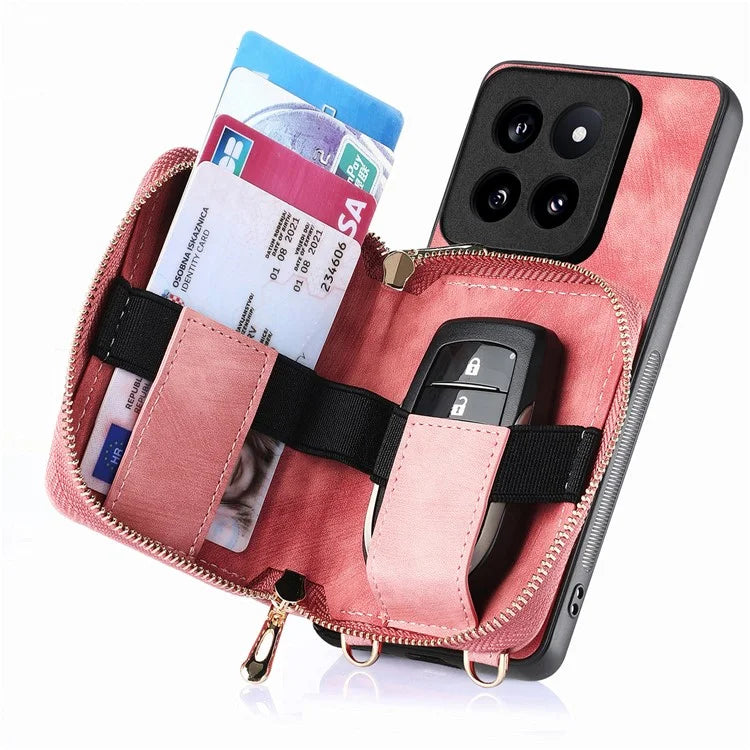 D3 for Xiaomi 14 Pro Case Wallet Kickstand Retro Leather+TPU+PC Phone Cover with Lanyard