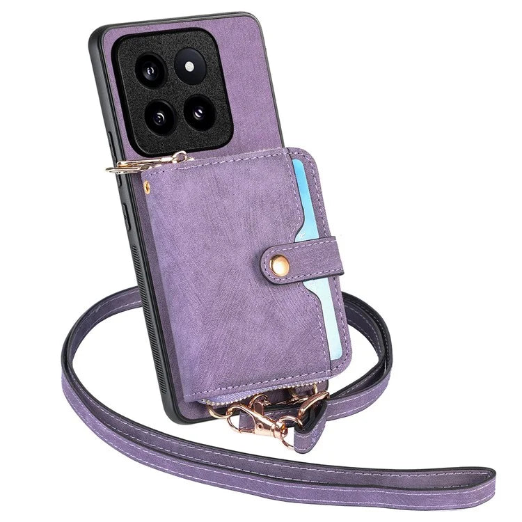D3 for Xiaomi 14 Pro Case Wallet Kickstand Retro Leather+TPU+PC Phone Cover with Lanyard