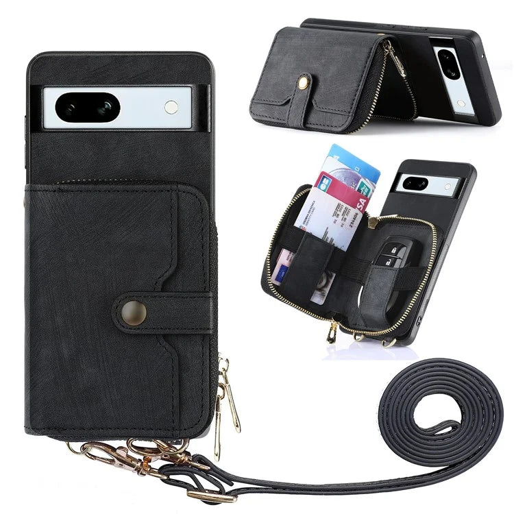 D3 for Google Pixel 7a Phone Case with Shoulder Strap Zipper Wallet Leather+PC+TPU Cover
