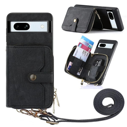 D3 for Google Pixel 7a Phone Case with Shoulder Strap Zipper Wallet Leather+PC+TPU Cover