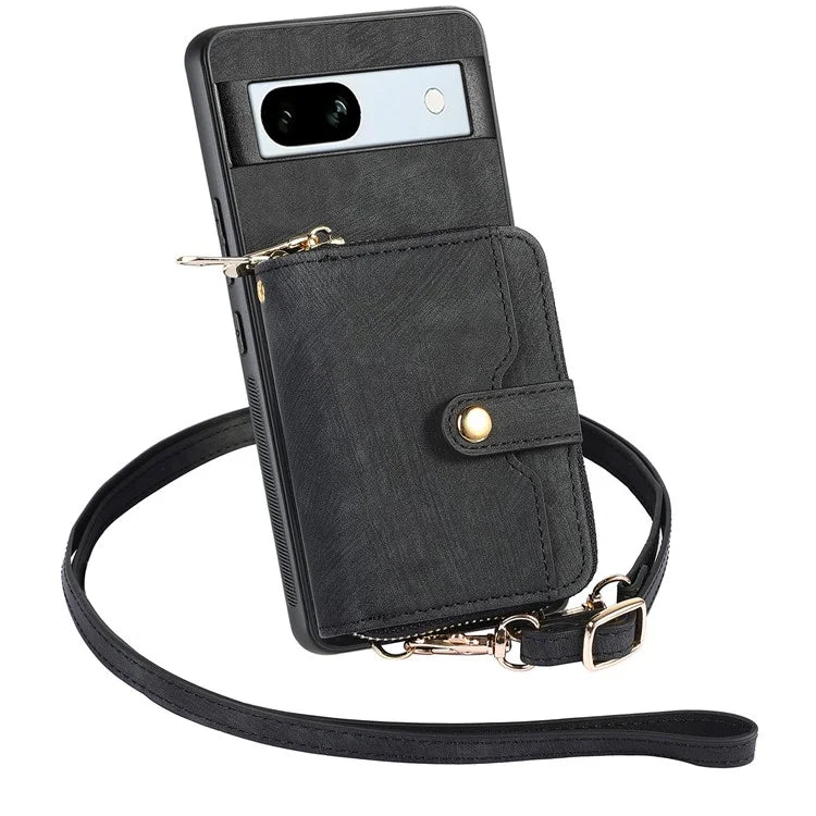 D3 for Google Pixel 7a Phone Case with Shoulder Strap Zipper Wallet Leather+PC+TPU Cover