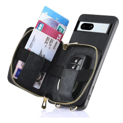 D3 for Google Pixel 7a Phone Case with Shoulder Strap Zipper Wallet Leather+PC+TPU Cover