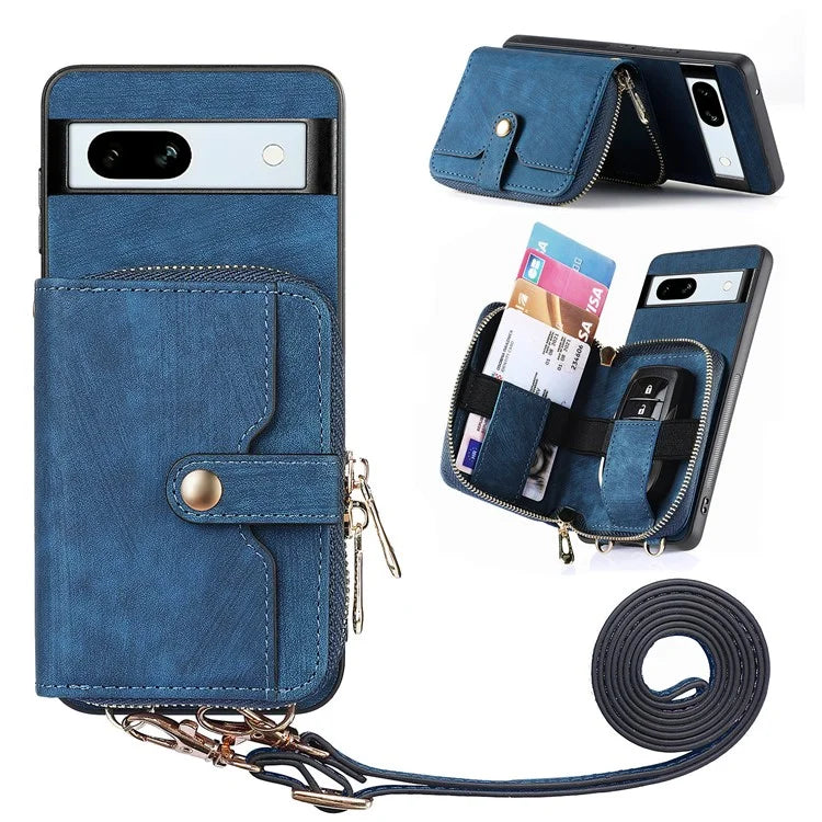 D3 for Google Pixel 7a Phone Case with Shoulder Strap Zipper Wallet Leather+PC+TPU Cover