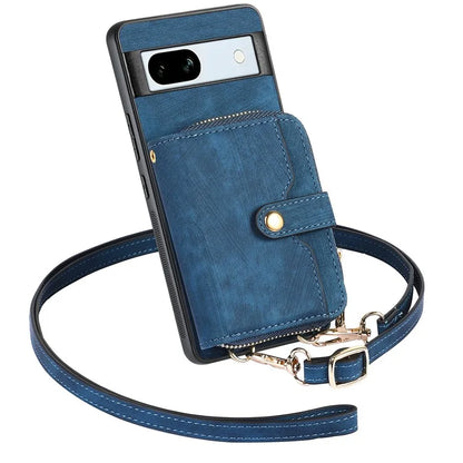 D3 for Google Pixel 7a Phone Case with Shoulder Strap Zipper Wallet Leather+PC+TPU Cover