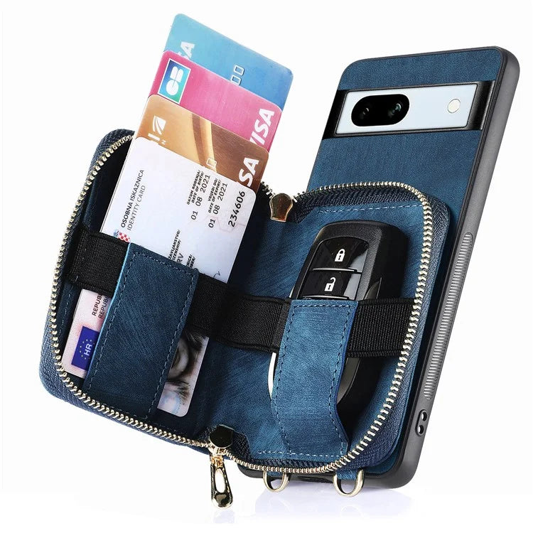 D3 for Google Pixel 7a Phone Case with Shoulder Strap Zipper Wallet Leather+PC+TPU Cover