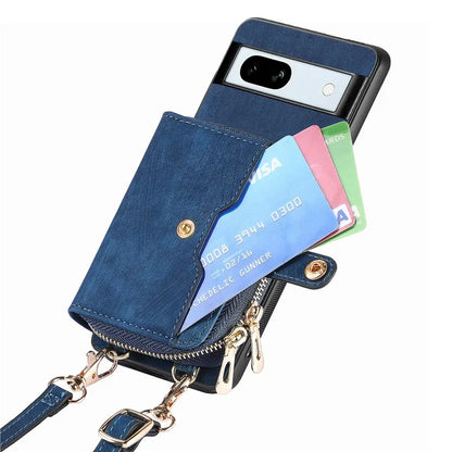 D3 for Google Pixel 7a Phone Case with Shoulder Strap Zipper Wallet Leather+PC+TPU Cover