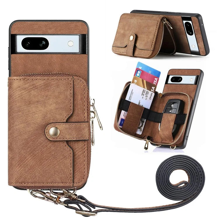 D3 for Google Pixel 7a Phone Case with Shoulder Strap Zipper Wallet Leather+PC+TPU Cover