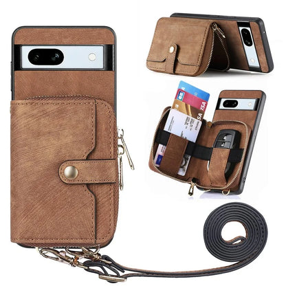 D3 for Google Pixel 7a Phone Case with Shoulder Strap Zipper Wallet Leather+PC+TPU Cover