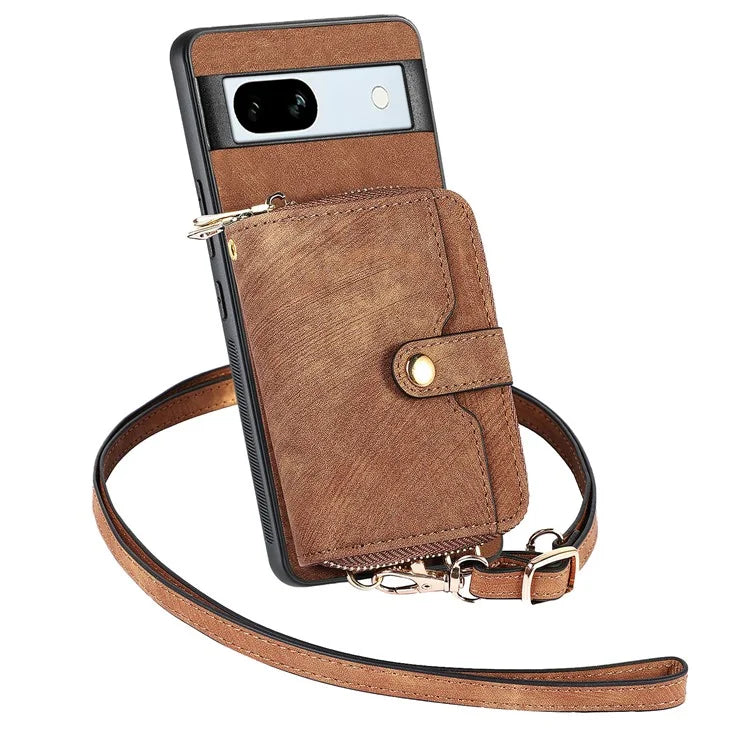 D3 for Google Pixel 7a Phone Case with Shoulder Strap Zipper Wallet Leather+PC+TPU Cover