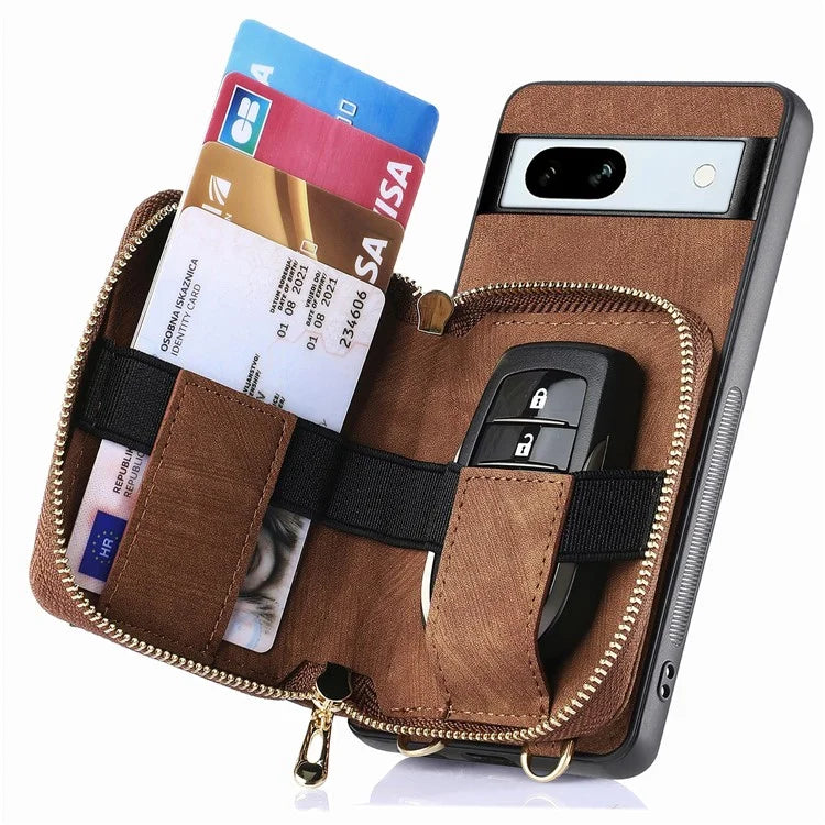 D3 for Google Pixel 7a Phone Case with Shoulder Strap Zipper Wallet Leather+PC+TPU Cover