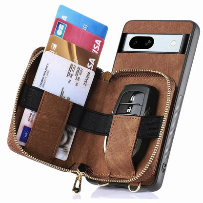 D3 for Google Pixel 7a Phone Case with Shoulder Strap Zipper Wallet Leather+PC+TPU Cover