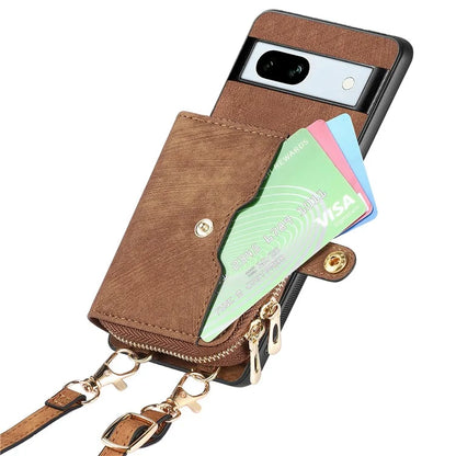 D3 for Google Pixel 7a Phone Case with Shoulder Strap Zipper Wallet Leather+PC+TPU Cover