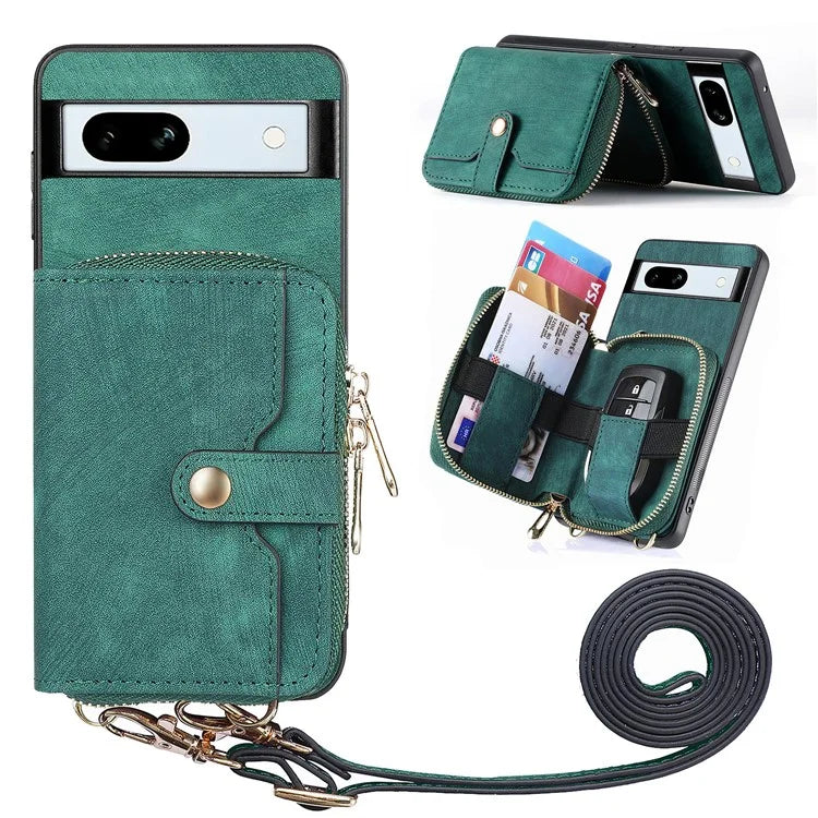 D3 for Google Pixel 7a Phone Case with Shoulder Strap Zipper Wallet Leather+PC+TPU Cover